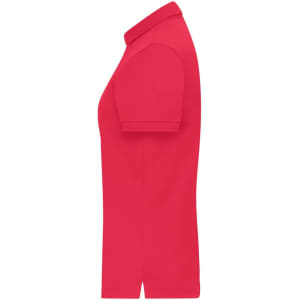 A red ladies' mercerised polo shirt with a classic collar and short sleeves, featuring a logo.