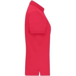 A red ladies polo shirt with short sleeves and a collar, featuring a logo on the front.