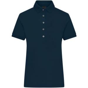 A navy ladies' mercerised polo shirt featuring a collared neckline and five buttons. It includes a logo on the side.