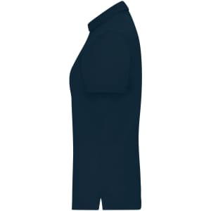A navy ladies mercerised polo shirt featuring a classic collar and short sleeves, with a logo on the chest.