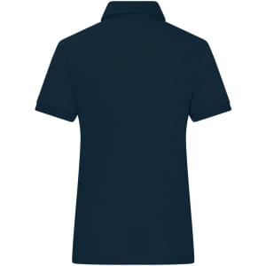 A navy ladies' mercerised polo shirt with a classic collar and short sleeves. It features a branding logo.