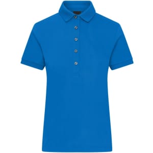 A blue ladies' polo shirt featuring a collar and button placket, with a logo on the chest.