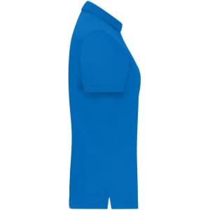 A blue ladies mercerised polo shirt, featuring a polo collar and short sleeves. It has a logo on the side.