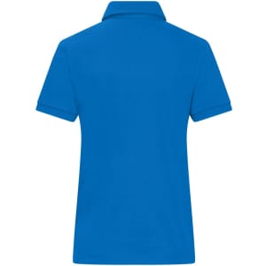 A blue ladies' mercerised polo shirt featuring a classic collar and short sleeves. The back of the shirt has a logo.