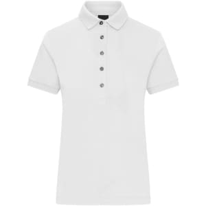 A white ladies' mercerised polo shirt featuring a classic collar and button detailing, with a logo on the chest.