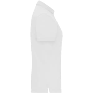A white ladies mercerised polo shirt displayed from the side, featuring a classic polo collar and short sleeves.