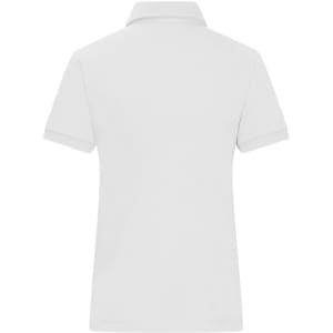 A white ladies' mercerised polo shirt with short sleeves and a sleek collar. It features a logo on the design.