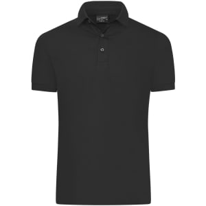 A black men's mercerised polo shirt with a classic collar and a button-up front, featuring a logo.