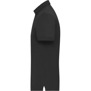 A black men’s mercerised polo shirt viewed from the side, featuring a collar and short sleeves. It has a logo.