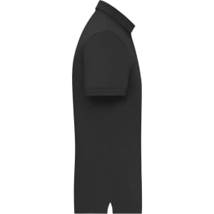 A black men's mercerised polo shirt with short sleeves and a collar, featuring a logo on the chest.