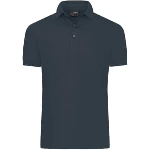 A navy blue men's mercerised polo shirt featuring a classic collar and short sleeves. It has a logo on the chest.