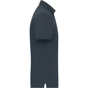 A navy polo shirt with short sleeves and a collar, featuring a logo on the front.