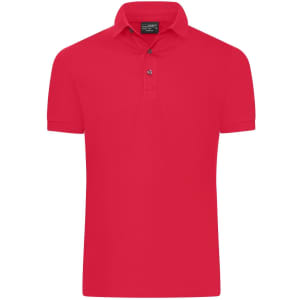 A red men's mercerised polo shirt, featuring a two-button placket and a collar. It has a logo on the design.
