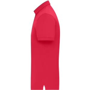 A red men's mercerised polo shirt with a short sleeve and a classic collar. It features a logo.