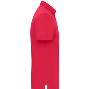 A side view of a bright red men's mercerised polo shirt. The shirt has a collared neck and short sleeves.