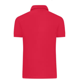 A red mercerised polo shirt featuring a collar and short sleeves, with a logo on the back.