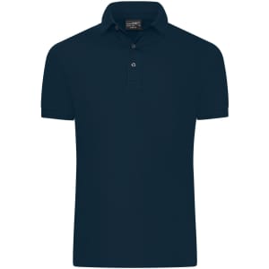 A navy blue men's mercerised polo shirt featuring a collared neck and a branded logo.