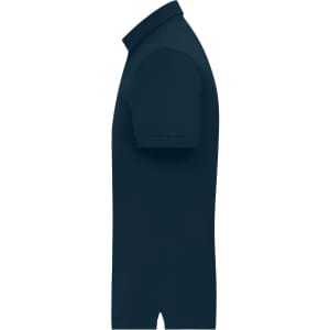 A navy blue men's mercerised polo shirt features a classic fit and a collar, with a logo on its side.