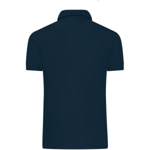 A navy men's mercerised polo shirt, featuring a classic collar and a logo on the back.