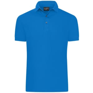 A bright blue men's mercerised polo shirt with a collar and short sleeves, featuring a buttoned placket.