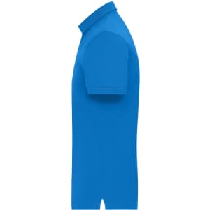 A blue men's mercerised polo shirt displayed from the side, featuring a collar and short sleeves.