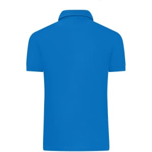 A blue men's mercerised polo shirt with a classic collar and short sleeves, featuring a branding logo.