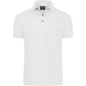 A white men's mercerised polo with a buttoned collar and a branding logo on the chest.