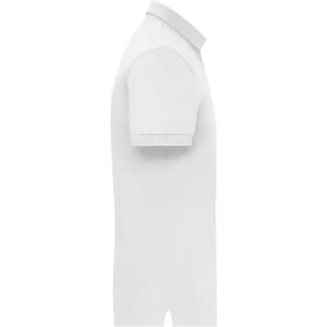 A white men's mercerised polo shirt with a classic collar and short sleeves, featuring a branding logo.
