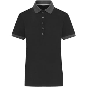A black ladies' polo shirt featuring a grey collar and cuffs, with a logo on the chest.