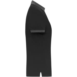 A black ladies polo shirt with a grey collar, featuring short sleeves and a side slit. It has a logo.