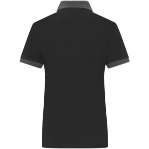 A black ladies polo shirt featuring a grey collar and cuffs. It includes a logo on the back.