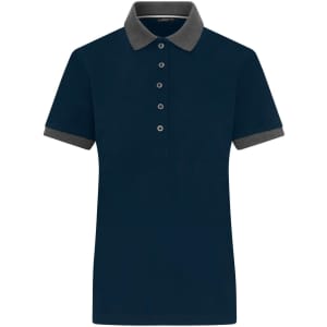 A ladies polo shirt in navy blue with a grey collar and cuffs, featuring a logo on the chest.