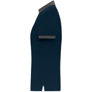 A navy blue ladies polo shirt featuring a contrasting grey collar and cuffs. The shirt has a fitted silhouette.