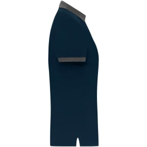 A navy blue polo shirt with a grey collar and sleeves, featuring a logo on the side.