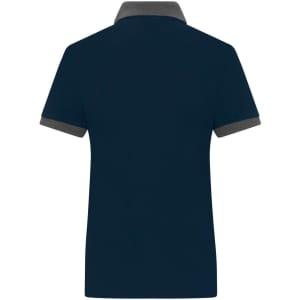 A navy polo shirt with a contrasting grey collar, featuring a logo on the back.