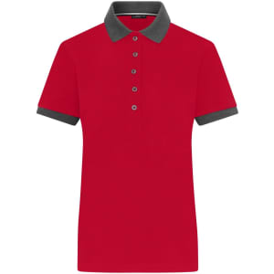A red ladies polo shirt with a grey collar and cuffs, featuring buttons and a small logo.