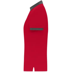 A red polo shirt featuring a contrasting grey collar and sleeves, with a logo present.