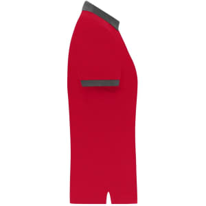 A red ladies polo shirt with a grey collar and sleeves. The shirt has a logo on it.