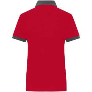 A red polo shirt with a grey collar, featuring a logo on the front. The shirt has a classic design.