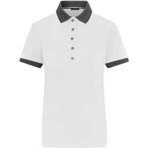 A white ladies polo shirt with a dark grey collar and sleeve trims, featuring buttons down the front and a logo.