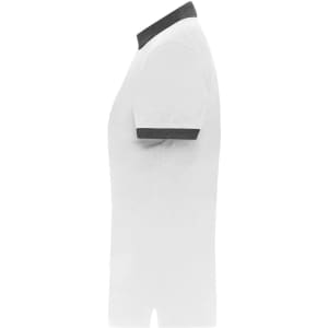 A white polo shirt featuring a dark grey collar and sleeve trim, with a logo on the chest area.
