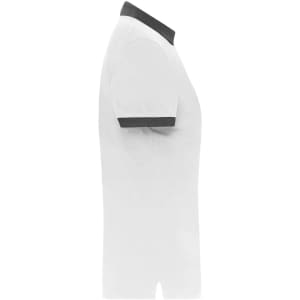 A white polo shirt with a dark grey collar, featuring short sleeves and a logo.