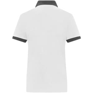 A white ladies polo shirt with a contrasting dark collar and sleeves, featuring a logo on the upper back.