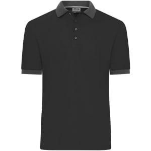 A black men's polo shirt with a contrasting grey collar and grey sleeve cuffs, featuring a logo.