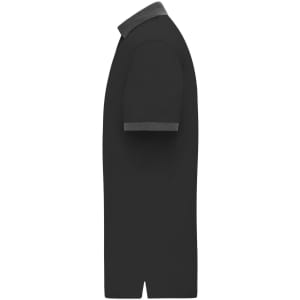 A black men's polo shirt featuring a contrasting collar, displayed from the side, with a logo on it.