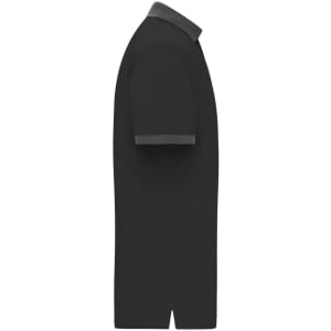 A black men's polo shirt with a grey collar and cuffs, featuring a logo.