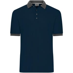 A navy blue men's polo shirt with grey accents on the collar and sleeves, featuring a logo.