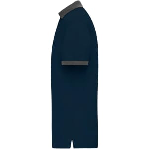 A navy men's polo shirt with a grey collar and cuffs, featuring a logo on the chest.