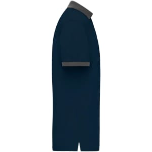 A navy blue men's polo shirt with a grey collar and sleeve trim. It features a logo.