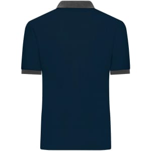 A navy blue men's polo shirt with a grey collar and short sleeves; features a logo on the chest.